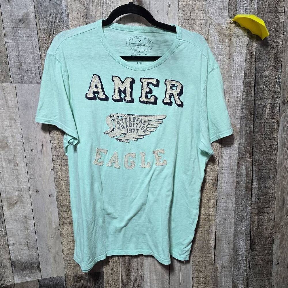 American Eagle Vintage Y2K Teal Embroidered Patch Graphic Tee Large 2000s Preppy